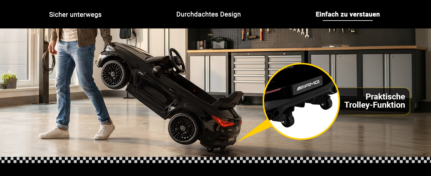 Clever transportieren dank Trolley-Funktion Das Mercedes-AMG CLE 53 Kinder-Elektroauto verfügt über eine praktische Trolley-Funktion mit integrierten Transportrollen. So lässt sich das Fahrzeug nach dem Spielen oder bei leerem Akku bequem anheben und wie ein Koffer mühelos transportieren.